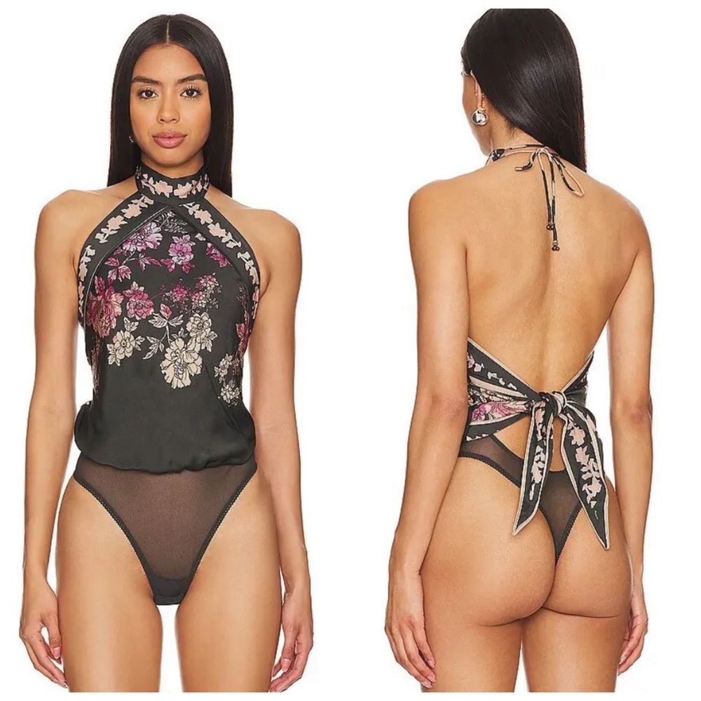Floral Halter Bodysuit - Black